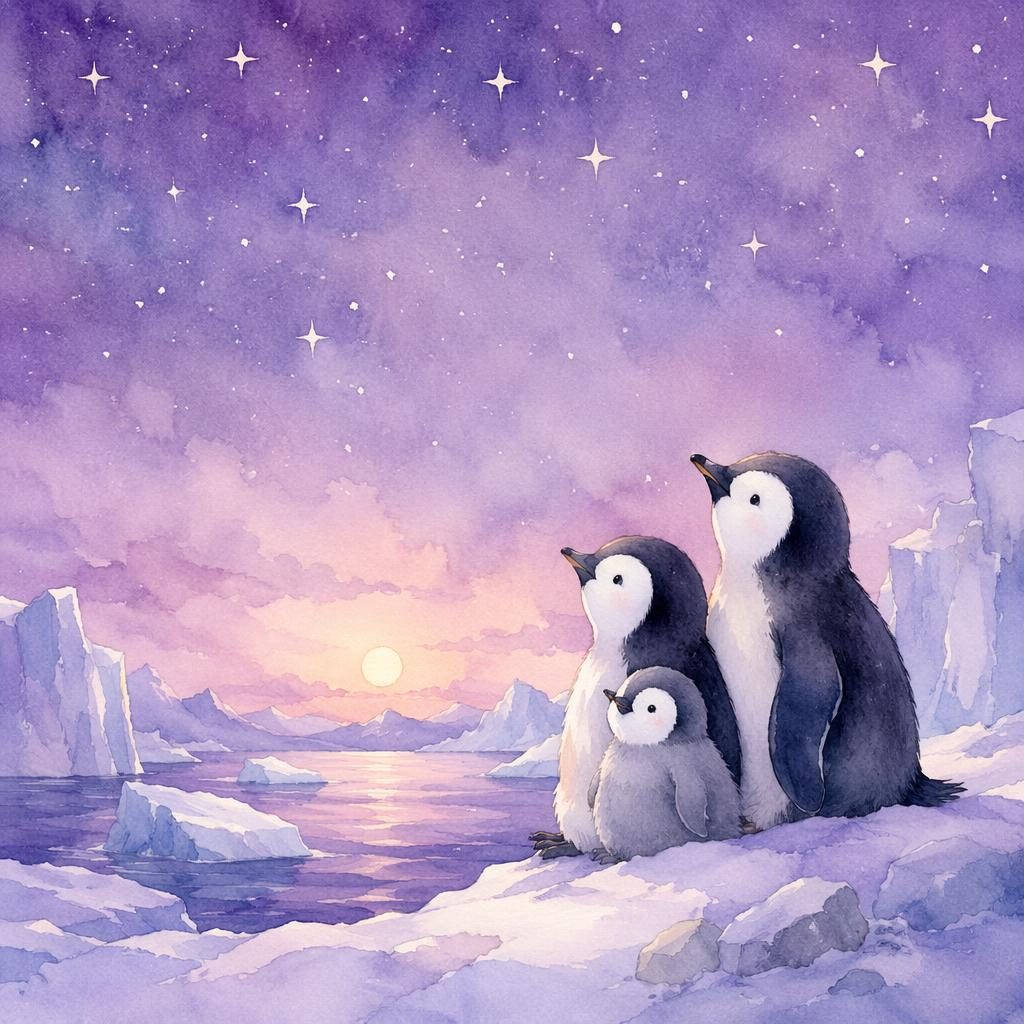 Whimsical watercolor illustration of two penguin polar friends under a dreamy lavender sky with warm storybook light.