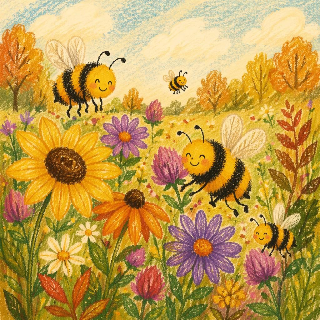 Hand-drawn crayon-style children's illustration of a playful bee in a flower meadow with warm autumn colors.
