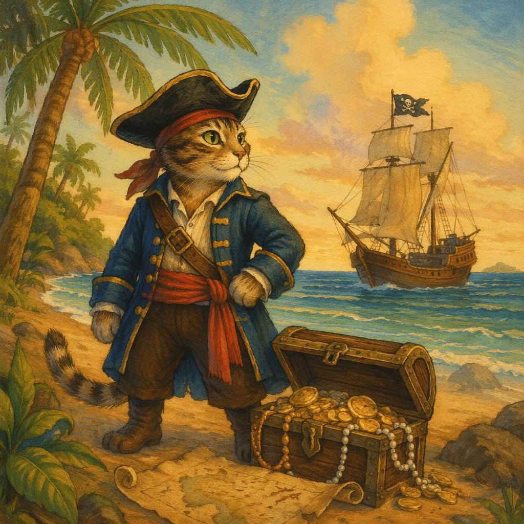 Brave pirate cat stands by a treasure chest on a ship deck in warm vintage storybook light, classic children's illustration.