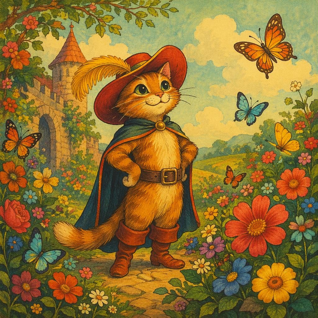 Ilustración infantil de un gato con botas en un jardín florido con mariposas, luz cálida y estilo retro de cuento.