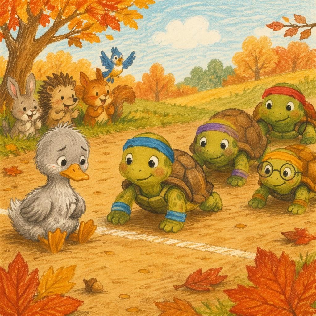 Ilustración infantil a crayón de una tortuga en carrera lenta, con ambiente otoñal, luz cálida y estilo de cuento.