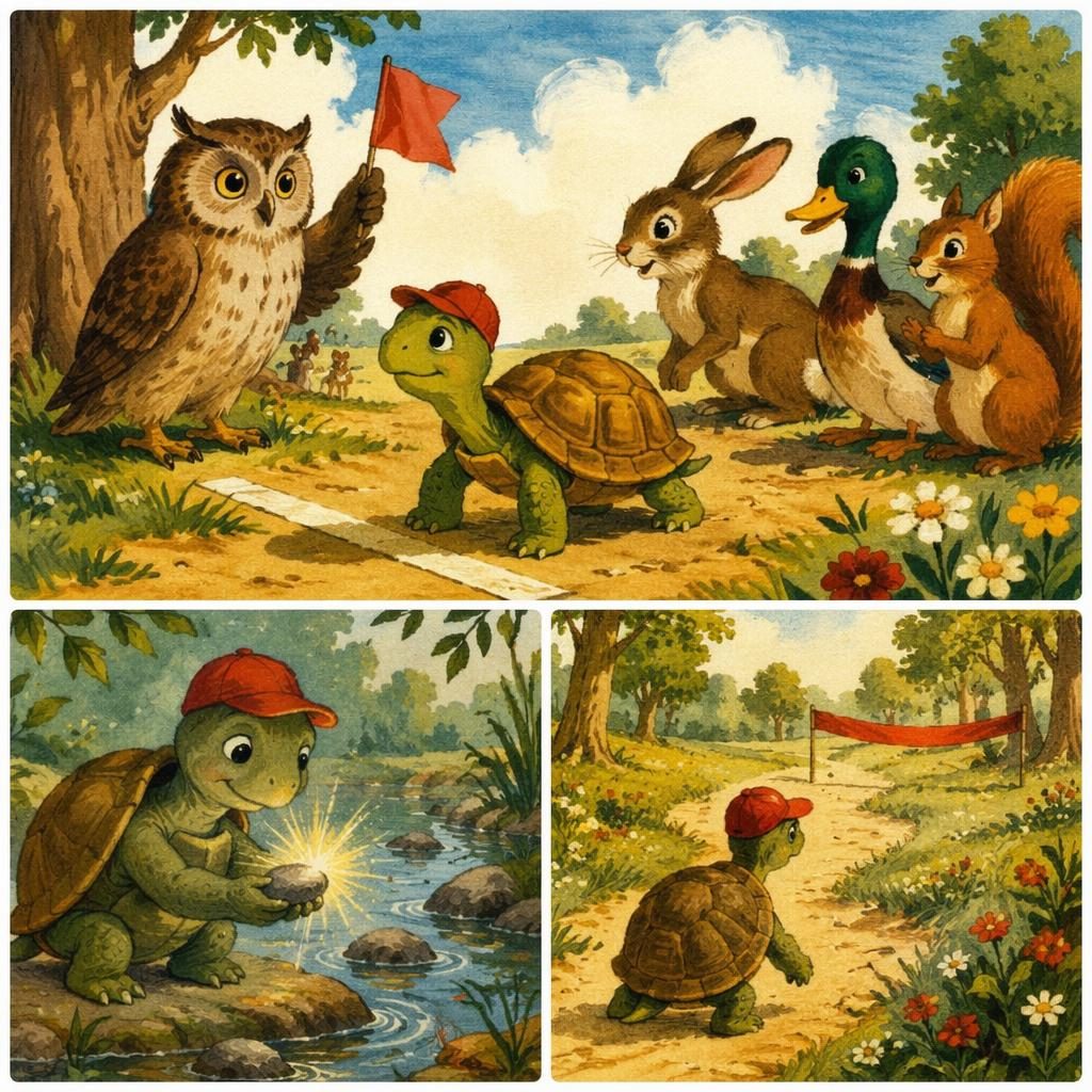 Retro 1970s storybook illustration of a turtle in a slow race, bright primary colors, warm light, quiet mood