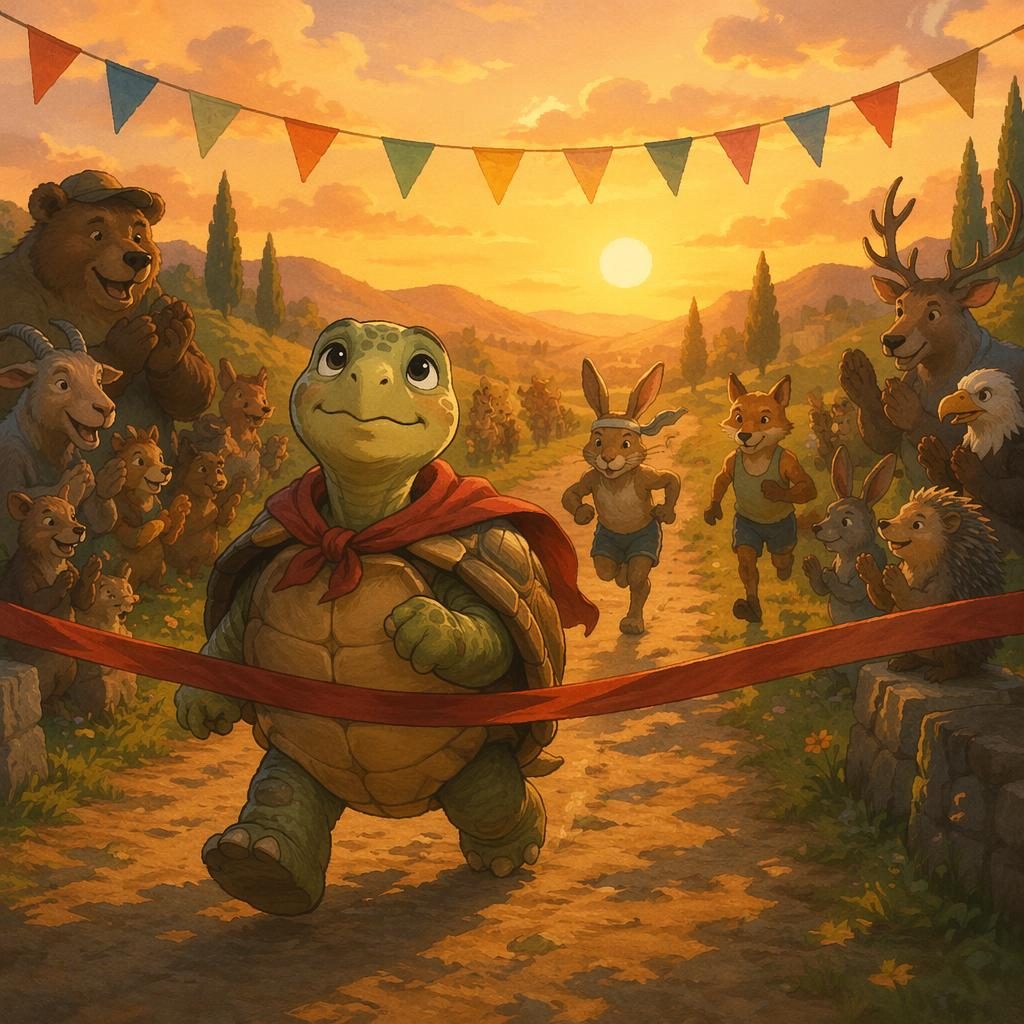 Ilustración infantil de una tortuga en carrera lenta al atardecer, estilo japonés inspirado en Ghibli, cálida y valiente.