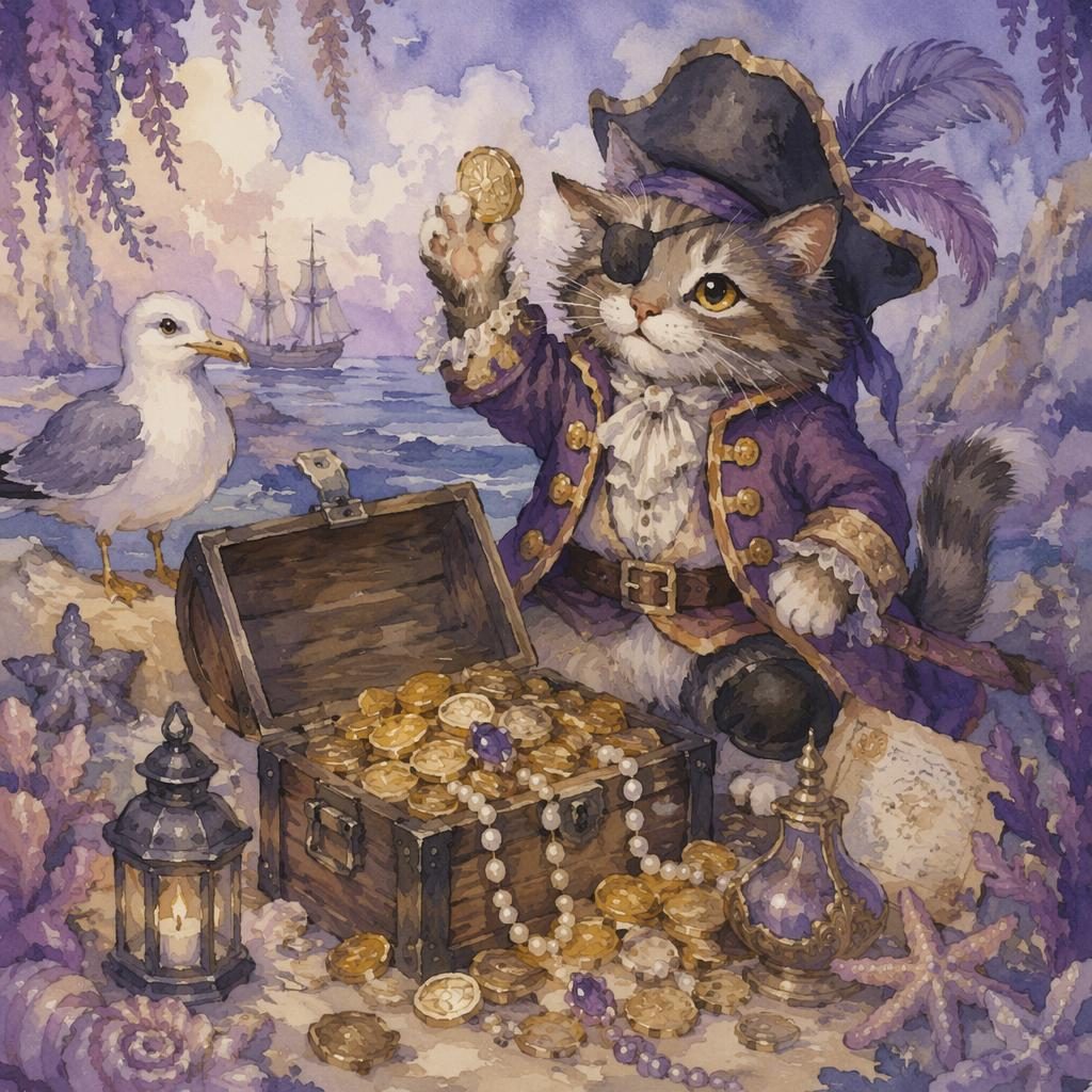 Whimsical watercolor pirate cat with treasure chest in a dreamy lavender storybook scene for young children.