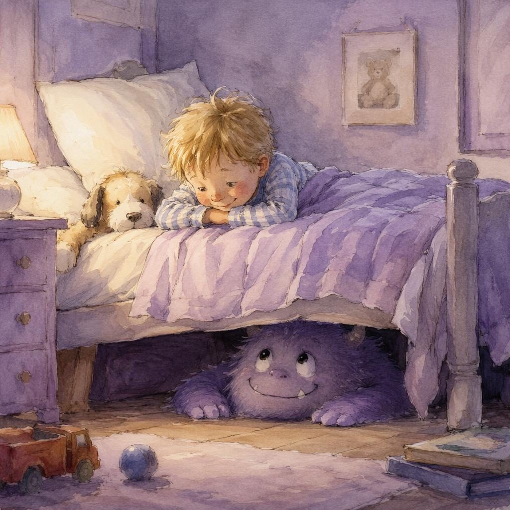 Whimsical watercolor children's illustration of a friendly monster under a bed in a dreamy lavender bedroom.