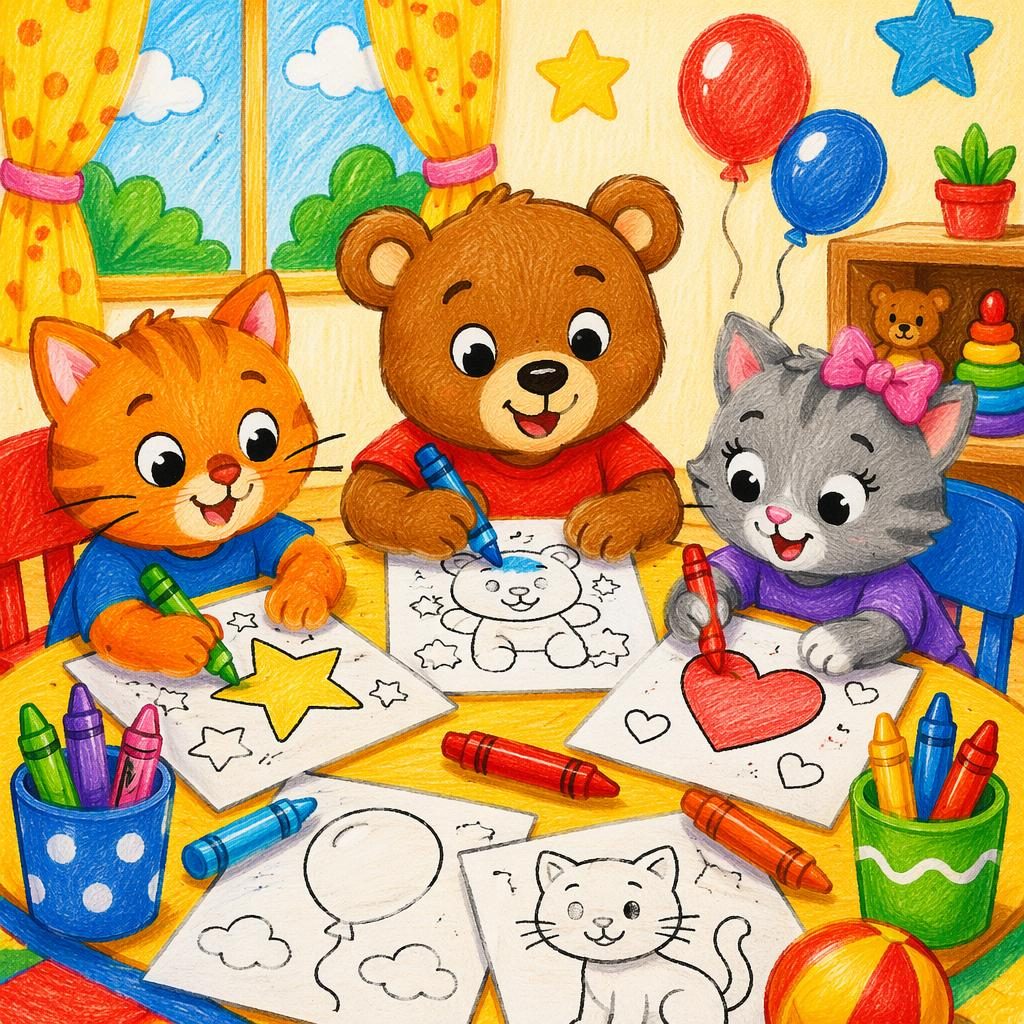 Ilustracja pokoju zabaw z misiami, kotami, balonami, gwiazdami i kartami do kolorowania na dziecięcym stoliku.