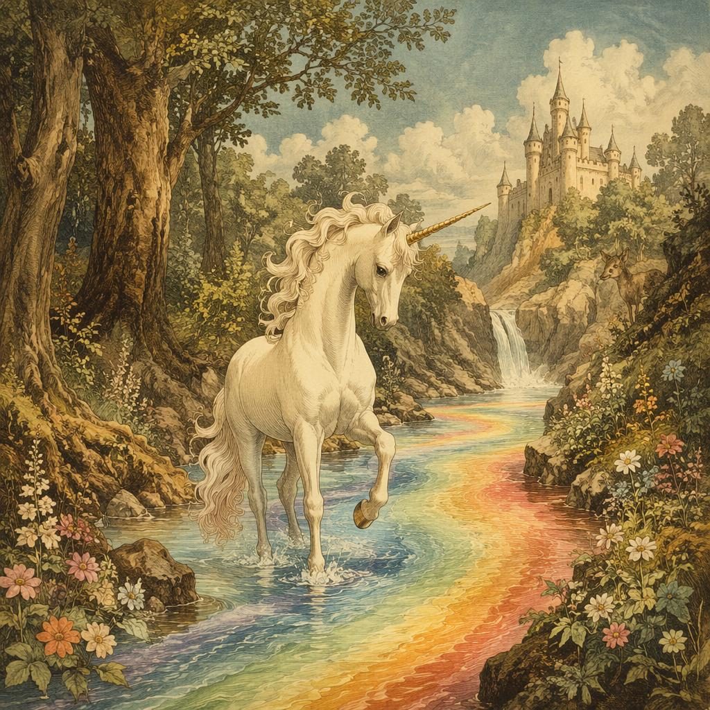 Illustration pour tout-petits d’une licorne courageuse près d’une rivière arc-en-ciel, palette vintage douce