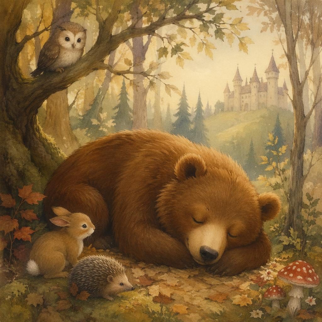 Illustration jeunesse d’un ours endormi dans une forêt douce, palette vintage sourde et lumière chaleureuse.