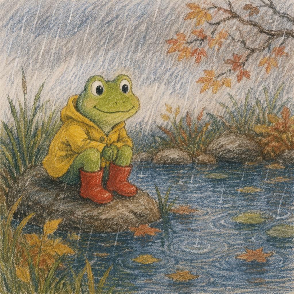 Hand-drawn crayon-style frog by a rainy pond with autumn colors, playful mood, and warm storybook lighting.