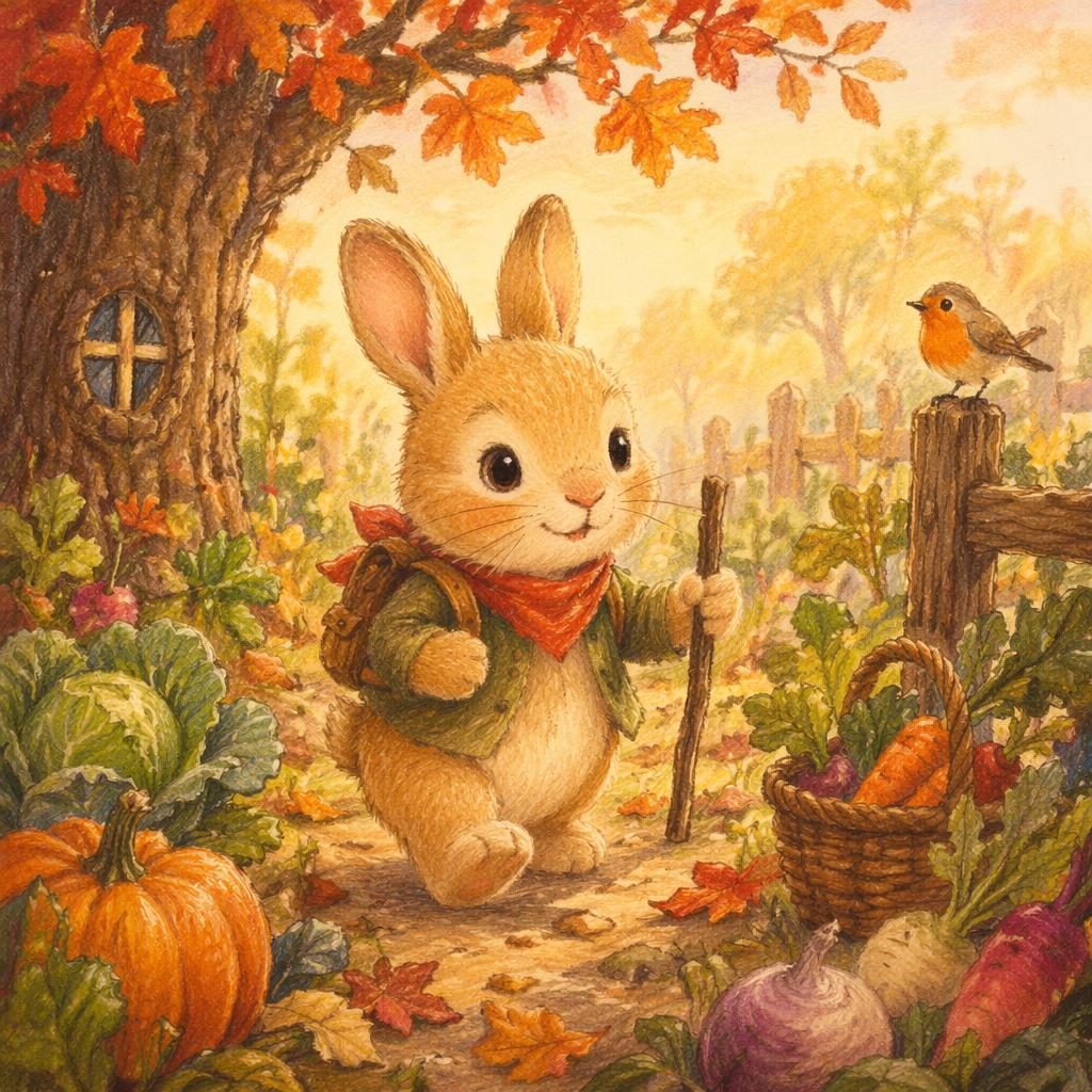 Ilustración infantil de un conejo valiente explorando un jardín otoñal, estilo crayón, luz cálida y composición tierna