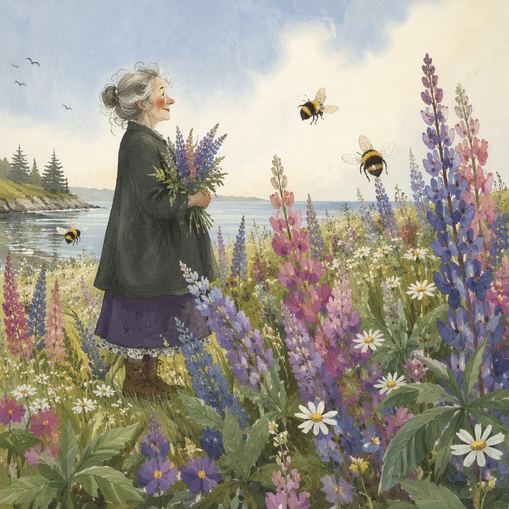 Children's book illustration of a cheerful bee hovering over meadow flowers in a muted vintage storybook style.