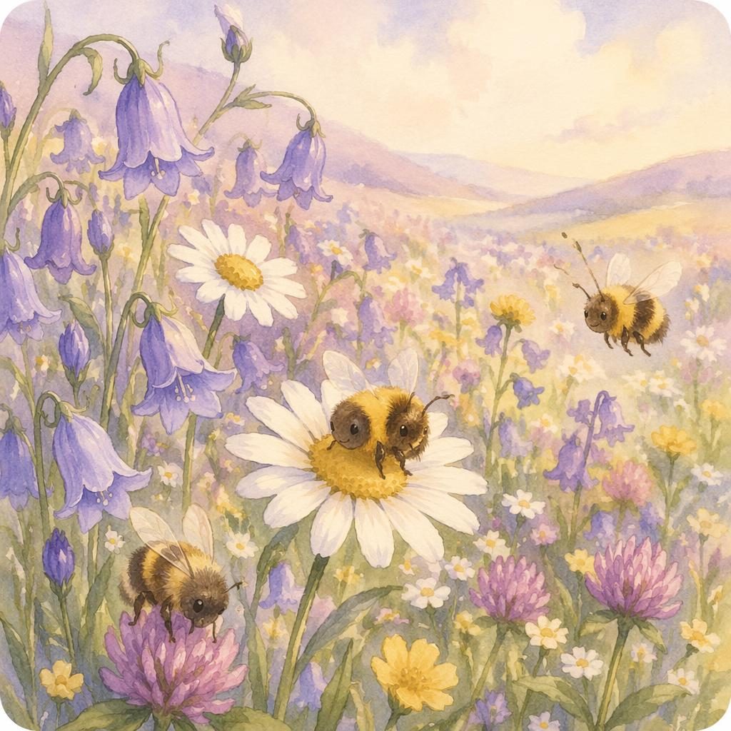 Whimsical watercolor illustration of bees over meadow flowers in a dreamy lavender palette for a baby board book.