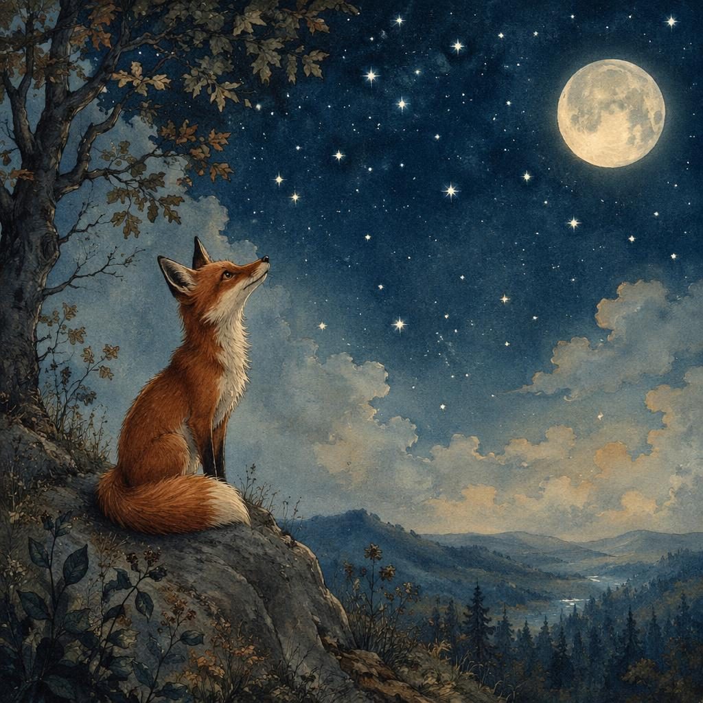 Children's book illustration of a brave curious fox beneath a starry night sky in a classic storybook style.
