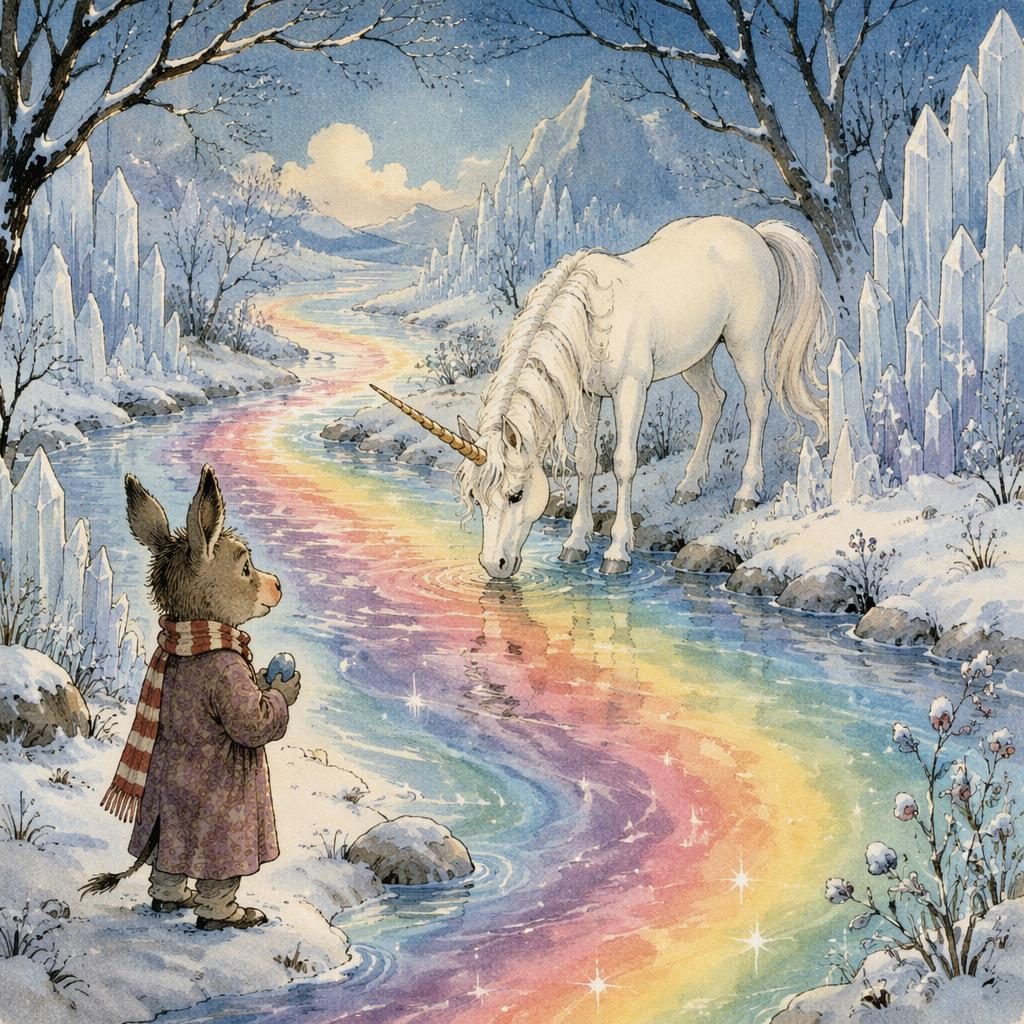Vintage-style children's book illustration of a unicorn by a rainbow river in icy blue winter light with a dreamy magical mood.