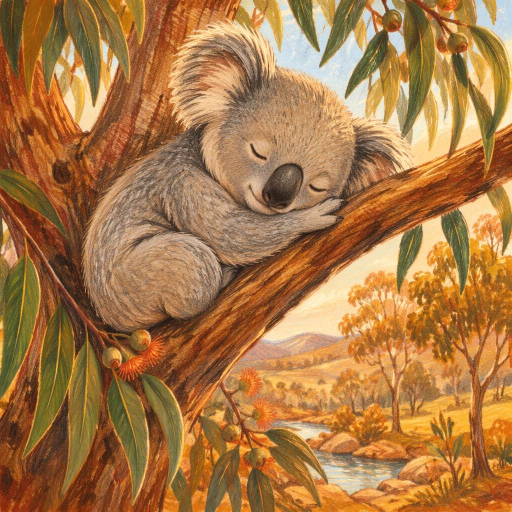 Ilustración infantil de un koala dormido entre hojas de eucalipto, estilo crayón, luz cálida y paleta otoñal.
