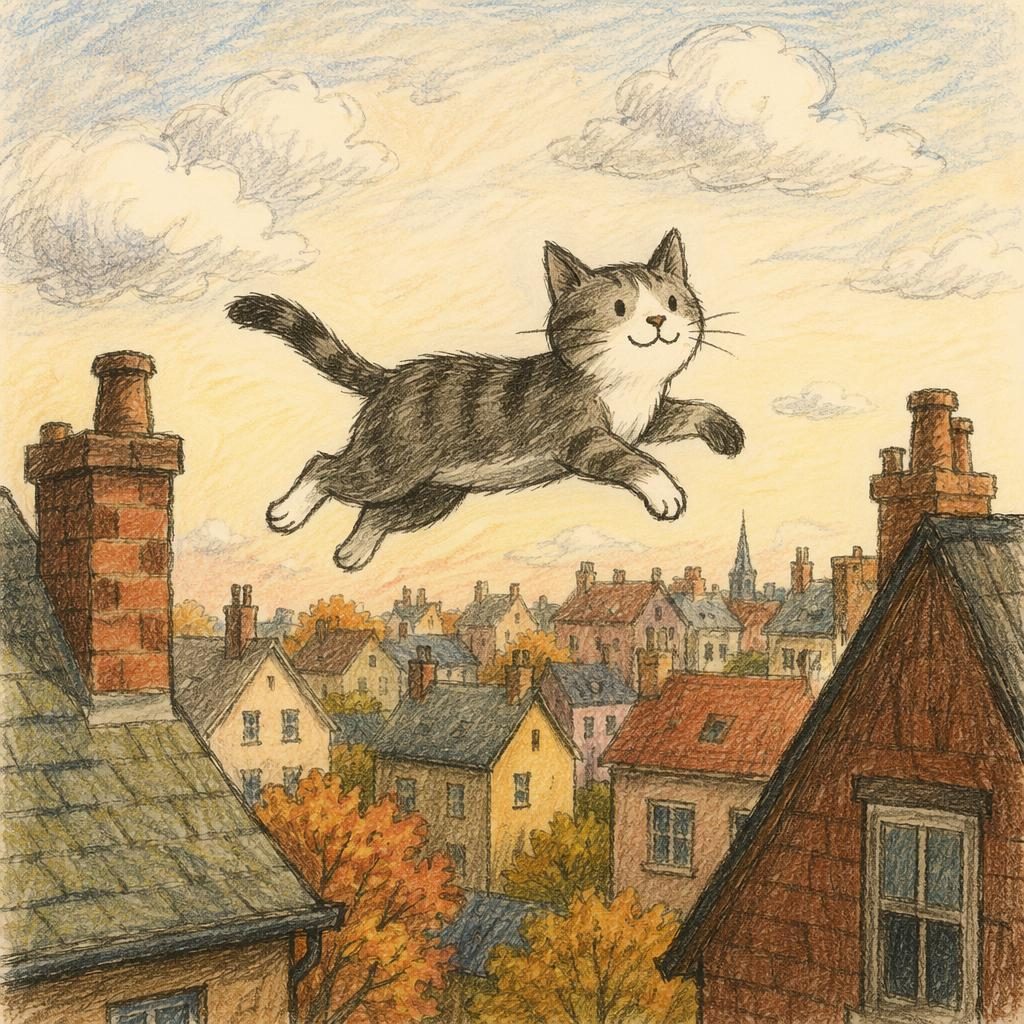 Hand-drawn crayon-style illustration of a playful cat leaping over autumn rooftops in warm storybook light.