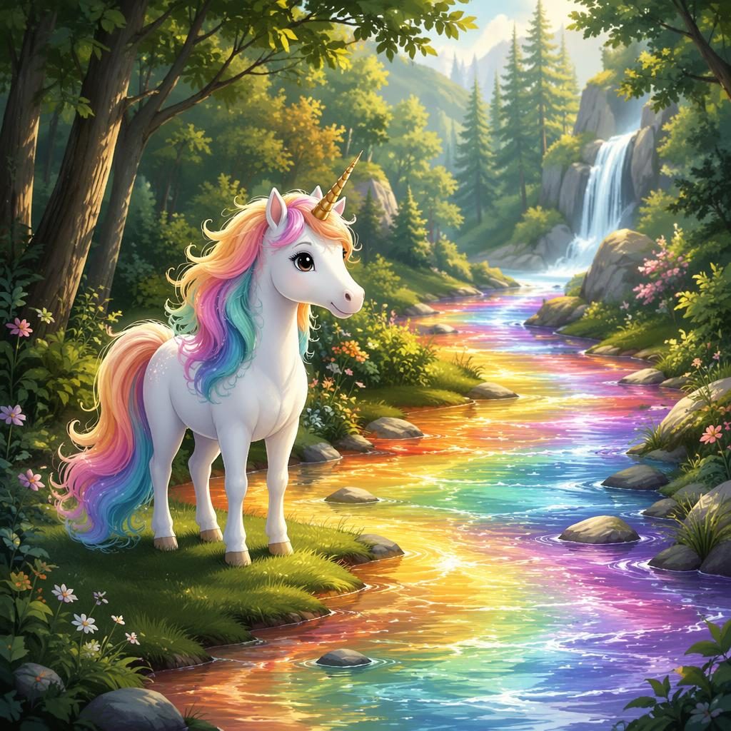 Niedliches Einhorn an einem Regenbogenfluss im grünen Wald, warme Bilderbuchbeleuchtung, mutige freundliche Szene