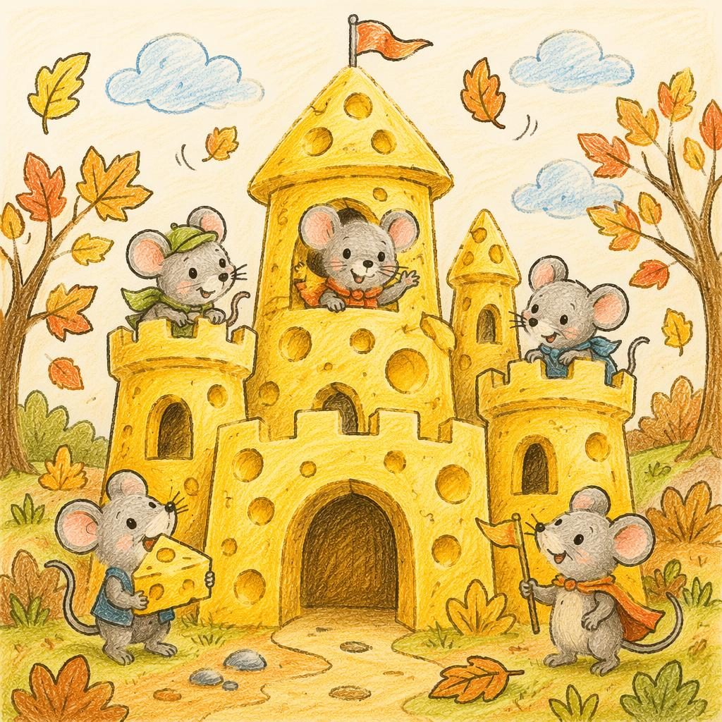 Ilustración infantil de un ratón junto a un castillo de queso, estilo crayón, tonos otoñales y luz cálida.