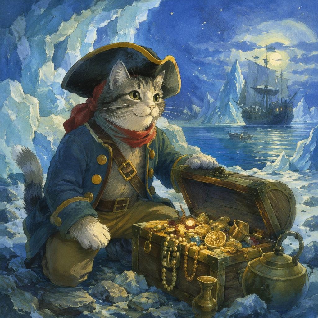Vintage-style children's book illustration of a pirate cat with treasure in an icy blue winter scene, warm magical lighting.
