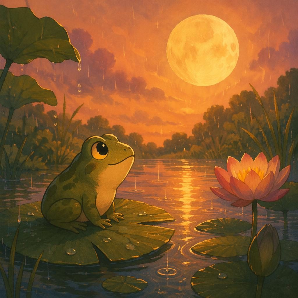 A brave frog stands by a rainy pond at sunset in a warm Japanese-inspired children's book illustration.