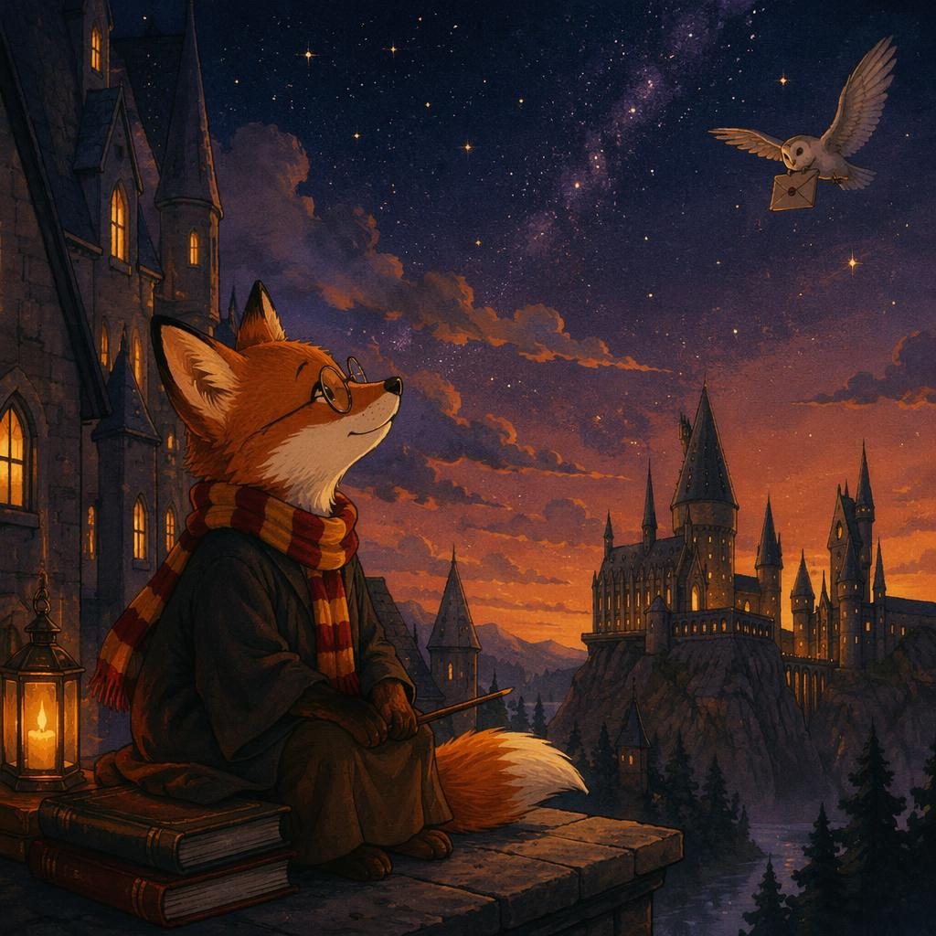 A curious fox gazes at a glowing night sky in a warm, Ghibli-inspired children's book illustration.