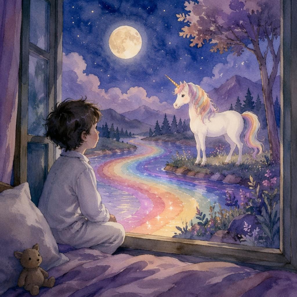 Watercolor children's book illustration of a unicorn by a rainbow river in a dreamy lavender bedtime scene.