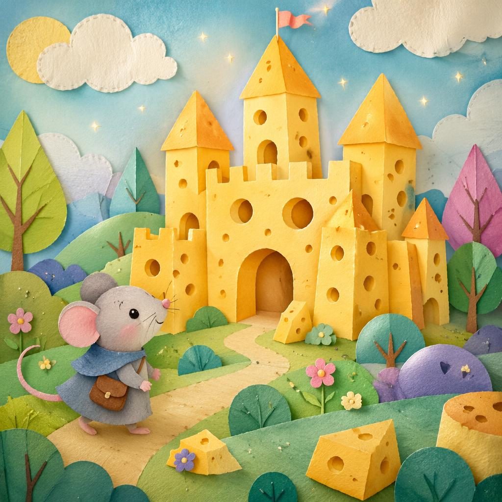 Ilustración infantil de un ratón junto a un castillo de queso, en collage de papel, tonos pastel y ambiente mágico.