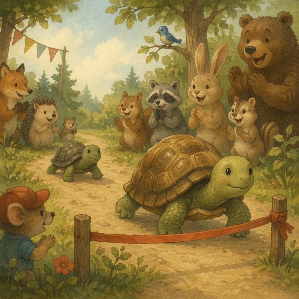 A gentle children's book illustration of a turtle in a slow race, with warm storybook lighting and a muted vintage palette.