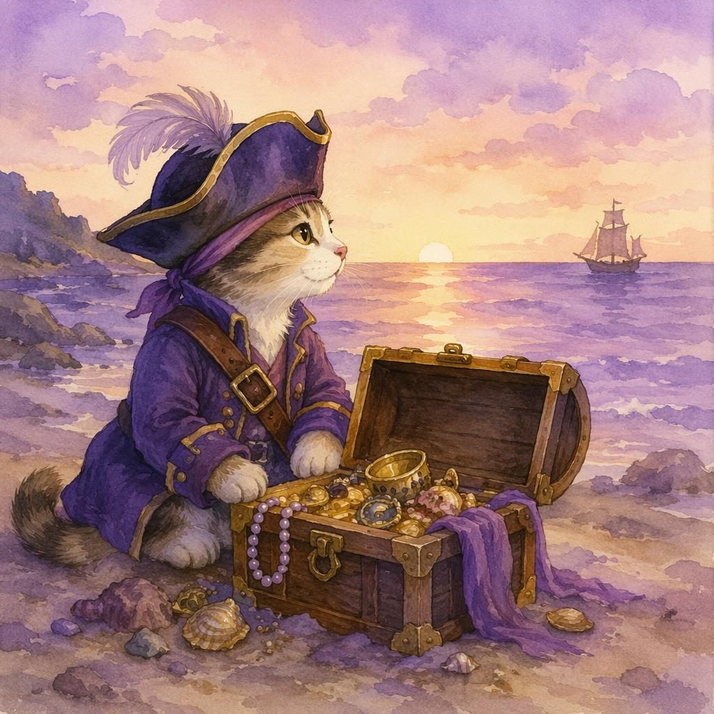 Whimsical watercolor pirate cat with treasure in a dreamy lavender storybook scene, softly lit and family-friendly.