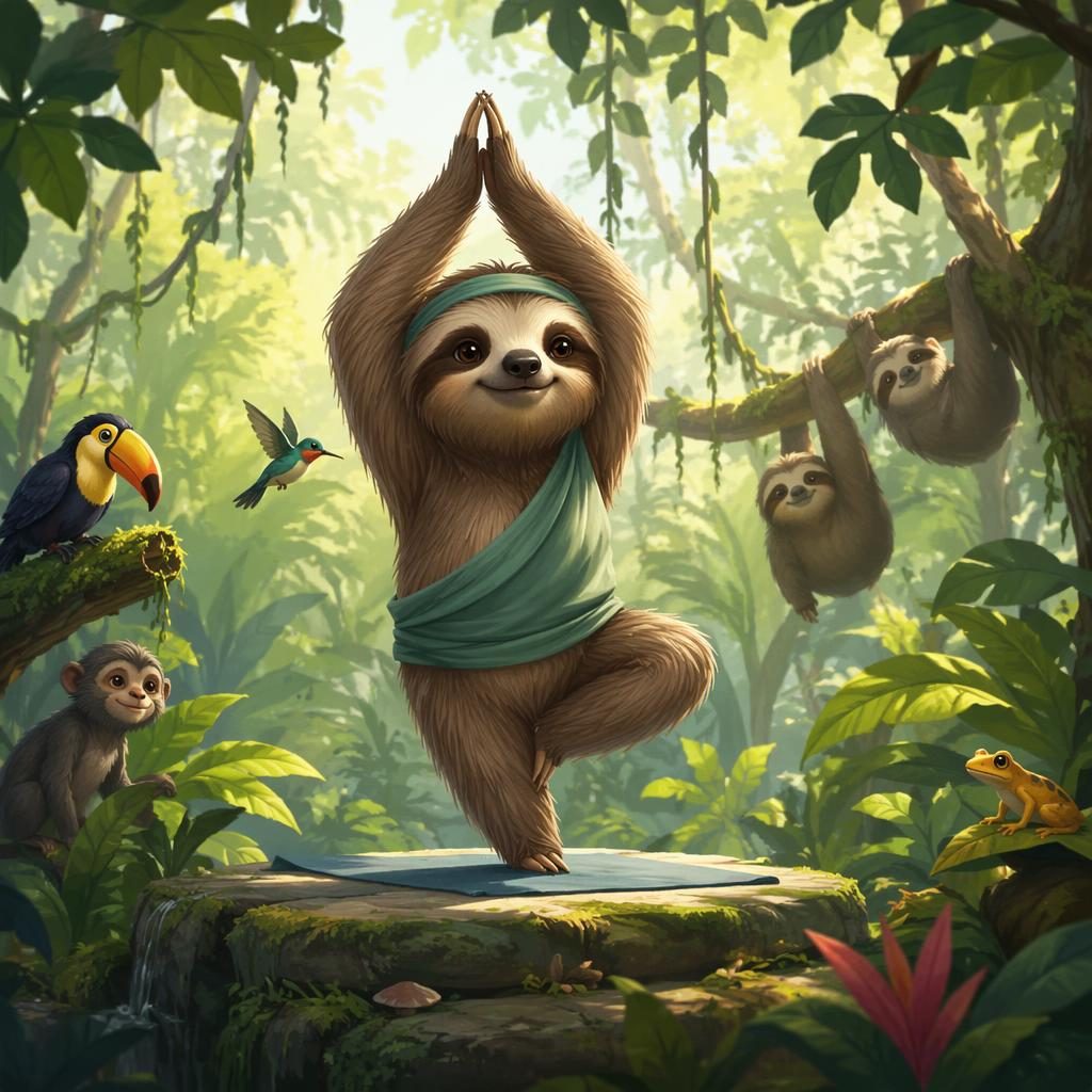 Cute sloth doing yoga in a green jungle clearing with warm storybook light, child-friendly digital illustration