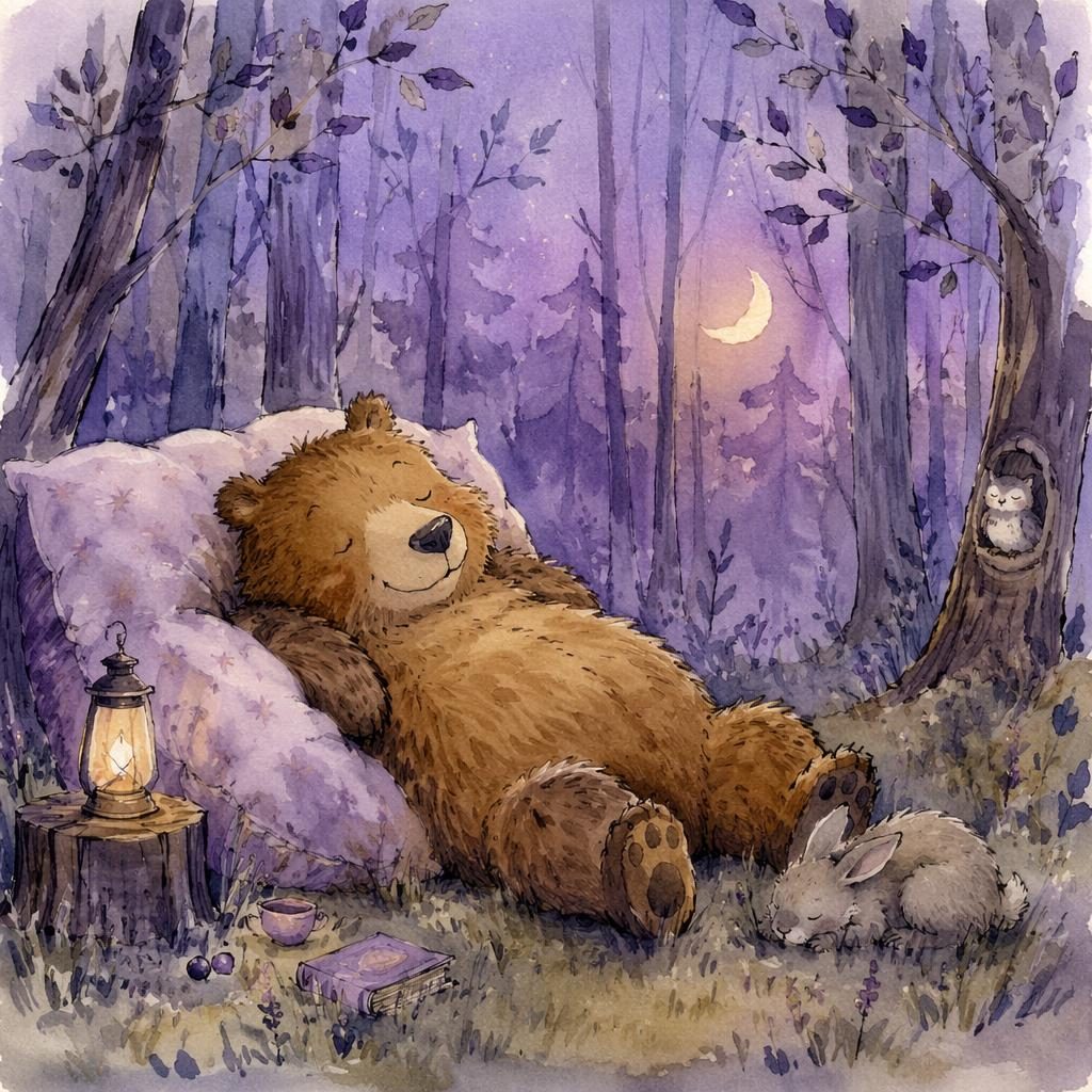 Watercolor children's illustration of a sleepy bear in a dreamy lavender forest with cozy bedtime lighting
