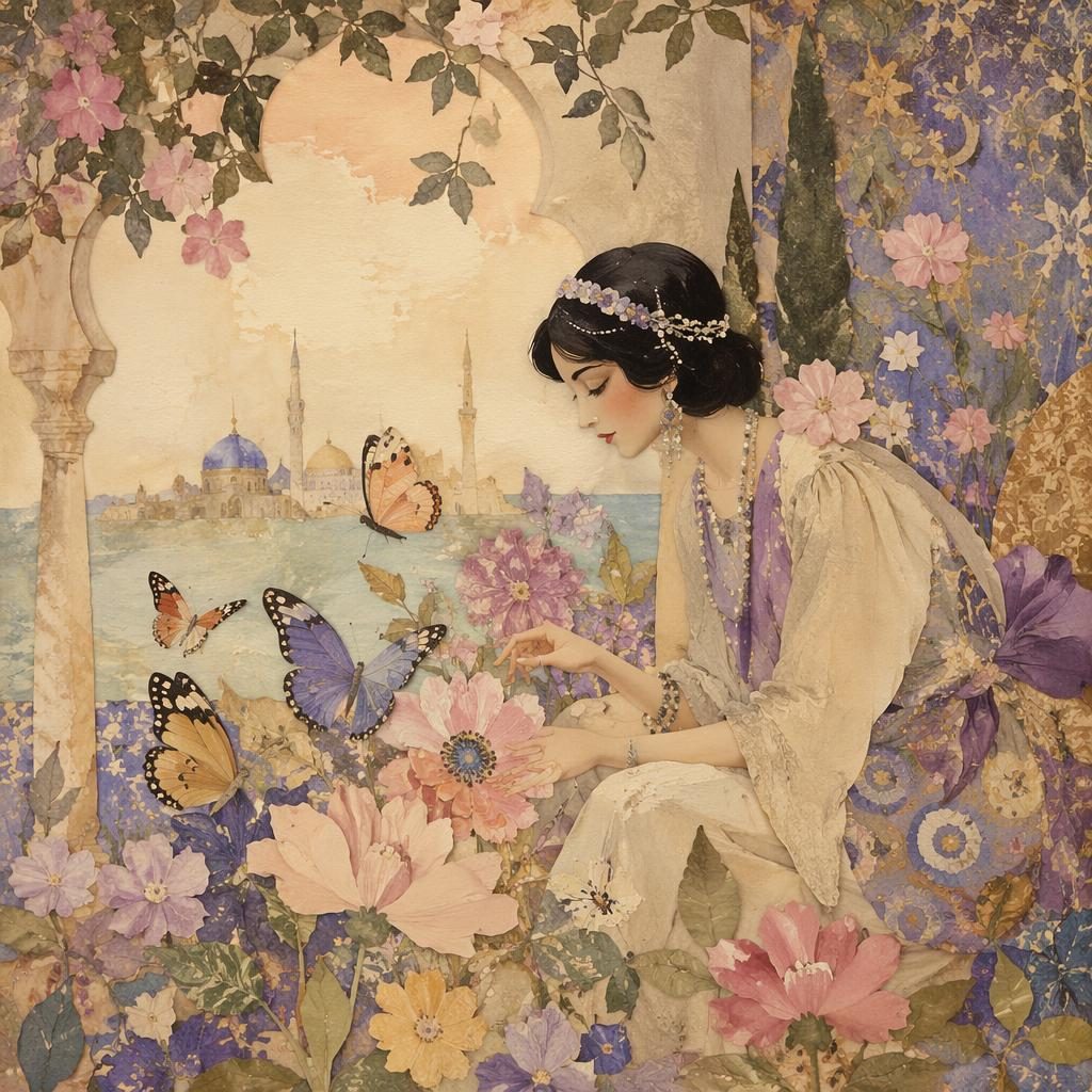 Illustration jeunesse en collage pastel d’un jardin fleuri avec papillons, lumière douce et ambiance calme.