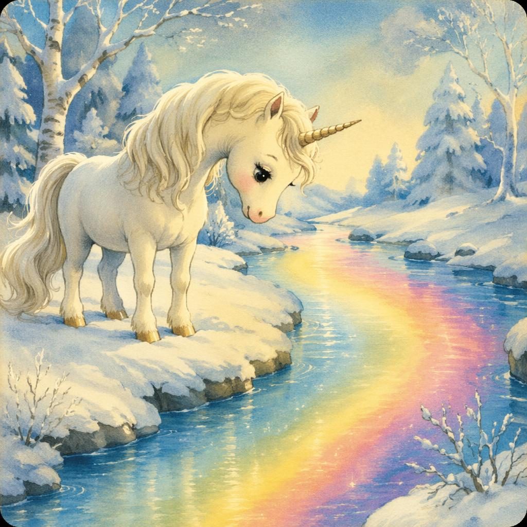 Ilustración infantil de un unicornio junto a un río arcoíris en tonos azul hielo, estilo vintage de cuento