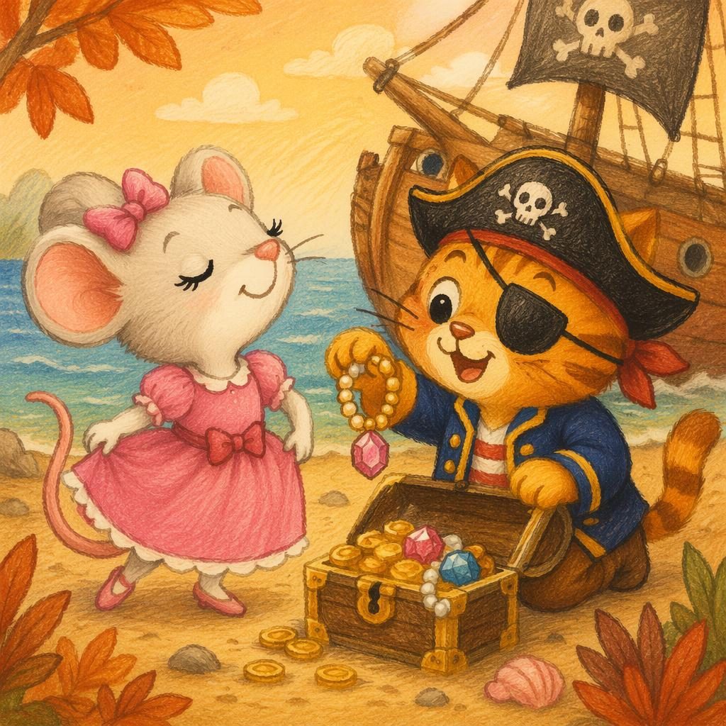 Ilustración infantil de un gato pirata con tesoro, estilo crayón, colores otoñales y ambiente cálido y aventurero.