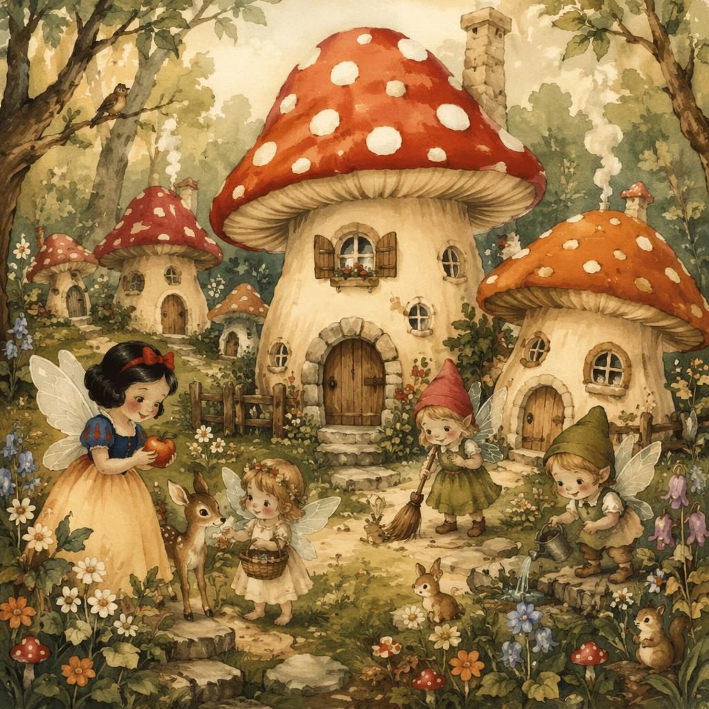 Ilustración de cuento infantil con una aldea de hadas entre hongos, luces cálidas y paleta vintage apagada.