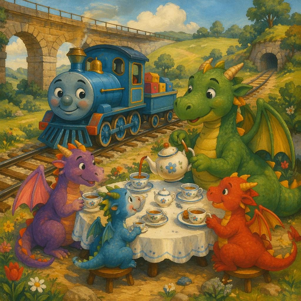 Cute dragon hosts a cozy tea party in a retro 1970s storybook style with bright primary colors and warm bedtime light.