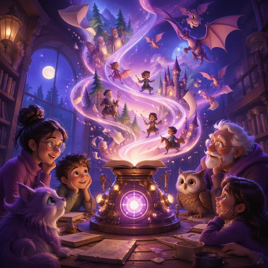 Children gather around a glowing story generator in a moonlit library as pages turn into dragons, castles, forests, and tiny adventurers.