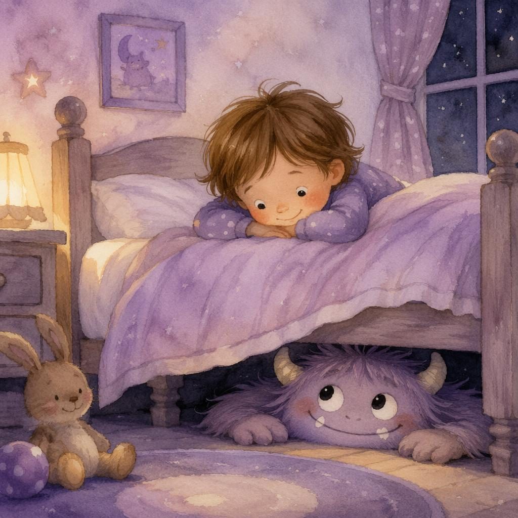 Whimsical watercolor board book scene of a friendly monster under a child's bed in dreamy lavender light.