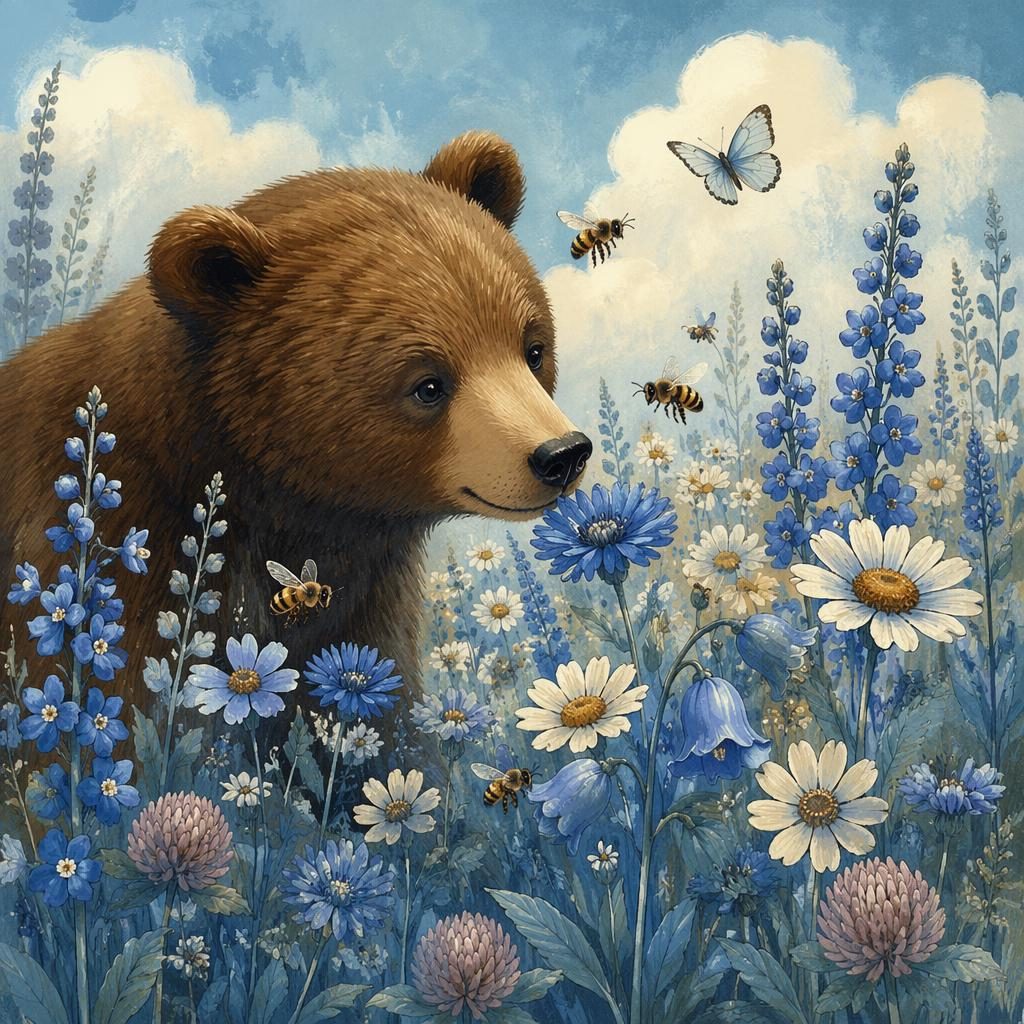 Vintage-style children's book illustration of bees over meadow flowers in an ice blue winter palette with dreamy lighting.