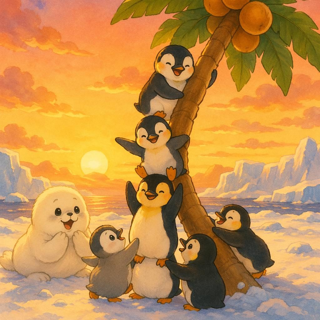 Cute penguin polar friends in a playful board book illustration with warm sunset colors and soft storybook lighting.