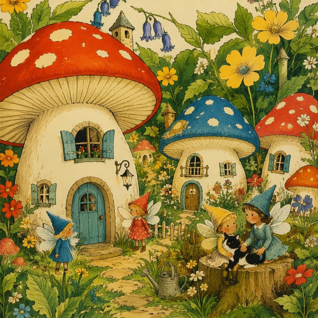 Children's book illustration of a fairy mushroom village with cozy homes, bright primary colors, and warm retro storybook lighting.