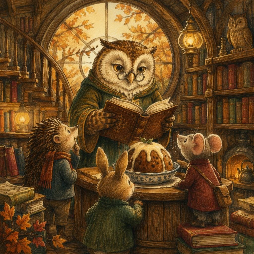 Hand-drawn crayon illustration of a brave owl in a cozy autumn library with books, warm light, and child-friendly storybook charm.
