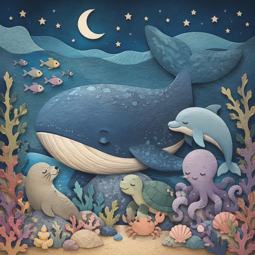 Illustration en collage papier d’une baleine avec ses amis marins, tons pastel doux et ambiance du coucher