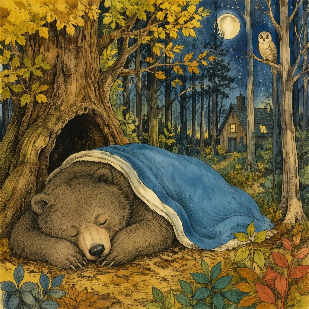 Sleepy bear resting in a cozy forest at bedtime, retro 1970s storybook illustration with bright primary colors