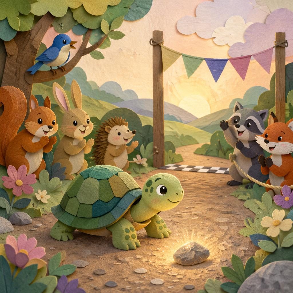 Paper-cut collage illustration of a turtle in a slow race, with soft pastel colors, cozy bedtime lighting, and a gentle storybook scene.