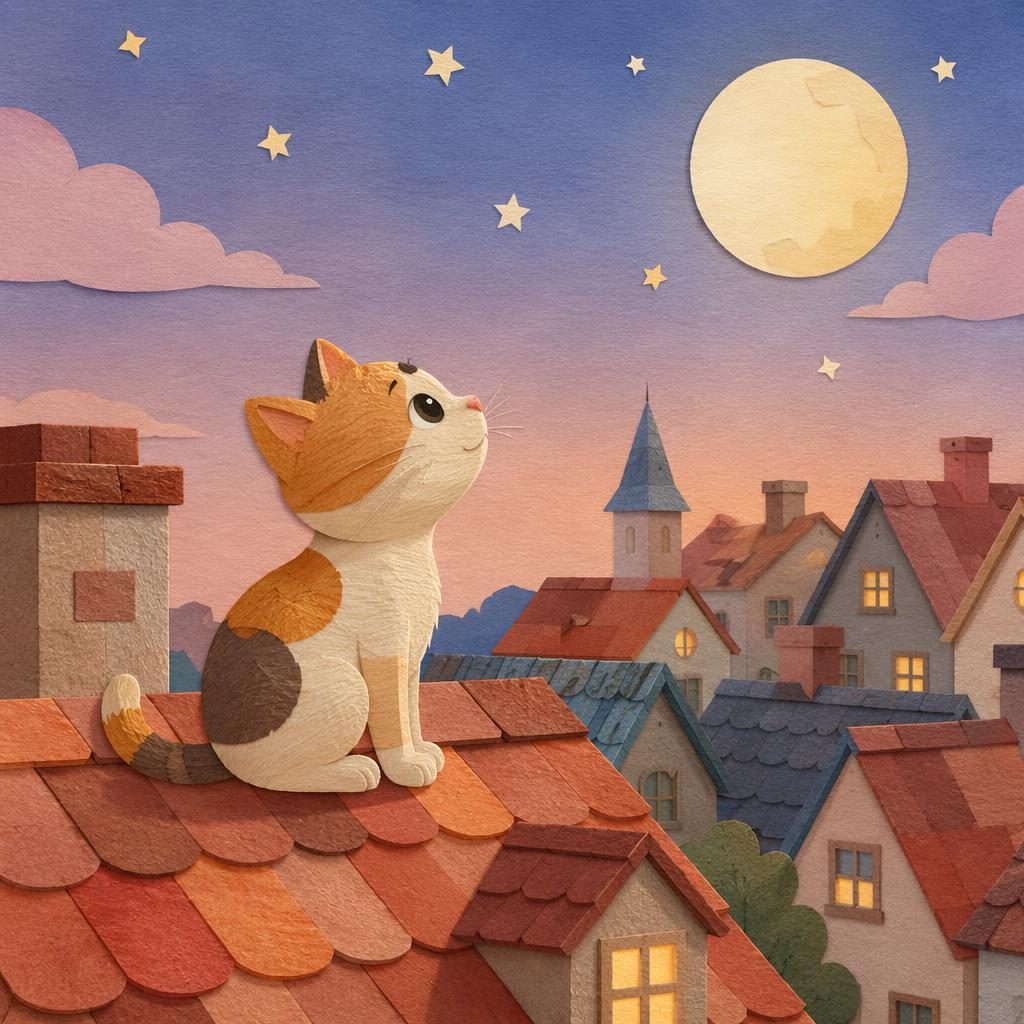 Ilustración infantil de un gato sobre tejados, estilo collage de papel, colores pastel y luz cálida de cuento