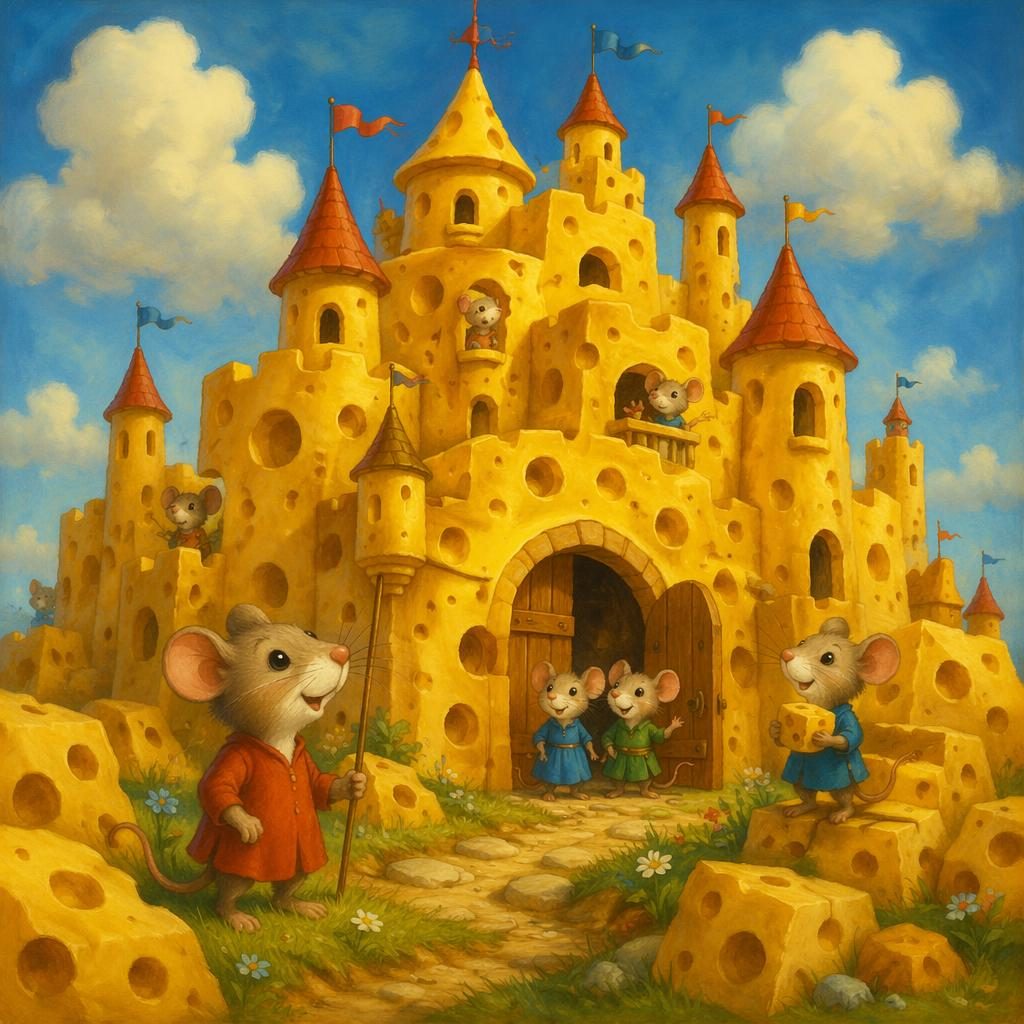 Ilustración infantil retro de un ratón junto a un castillo de queso, con luz cálida, paleta primaria y ambiente mágico