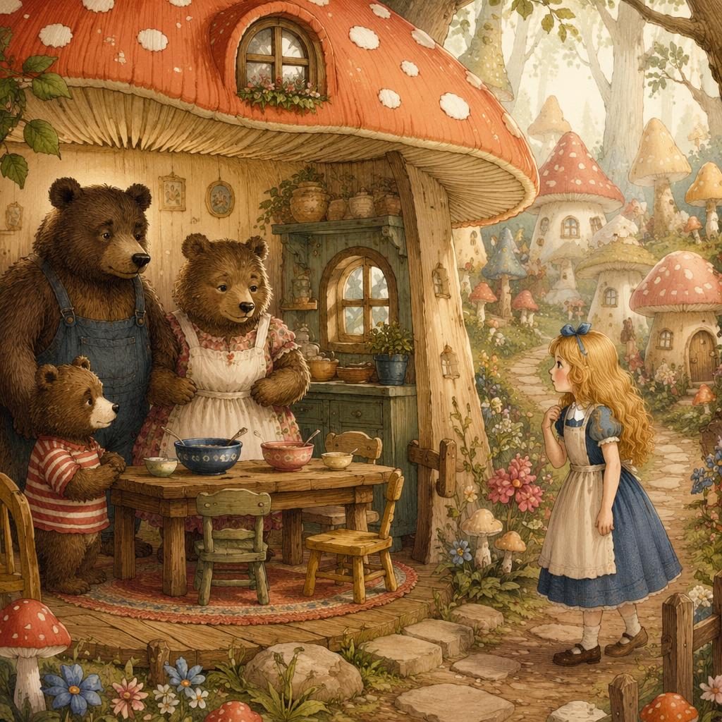 Children's book illustration of a fairy mushroom village with cozy toadstool homes, warm light, and a muted vintage palette