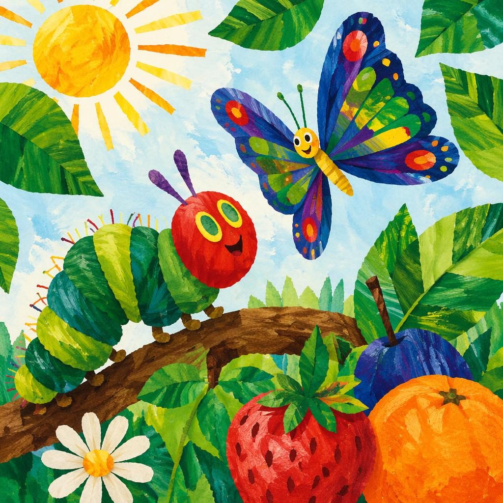 Playful collage-style garden with a friendly caterpillar, bright butterfly, fruits, oversized leaves, and textured paper