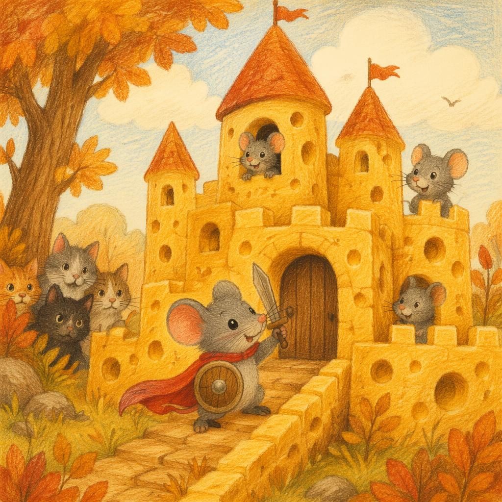 Hand-drawn crayon style illustration of a brave little mouse by a cheese castle in warm autumn colors.